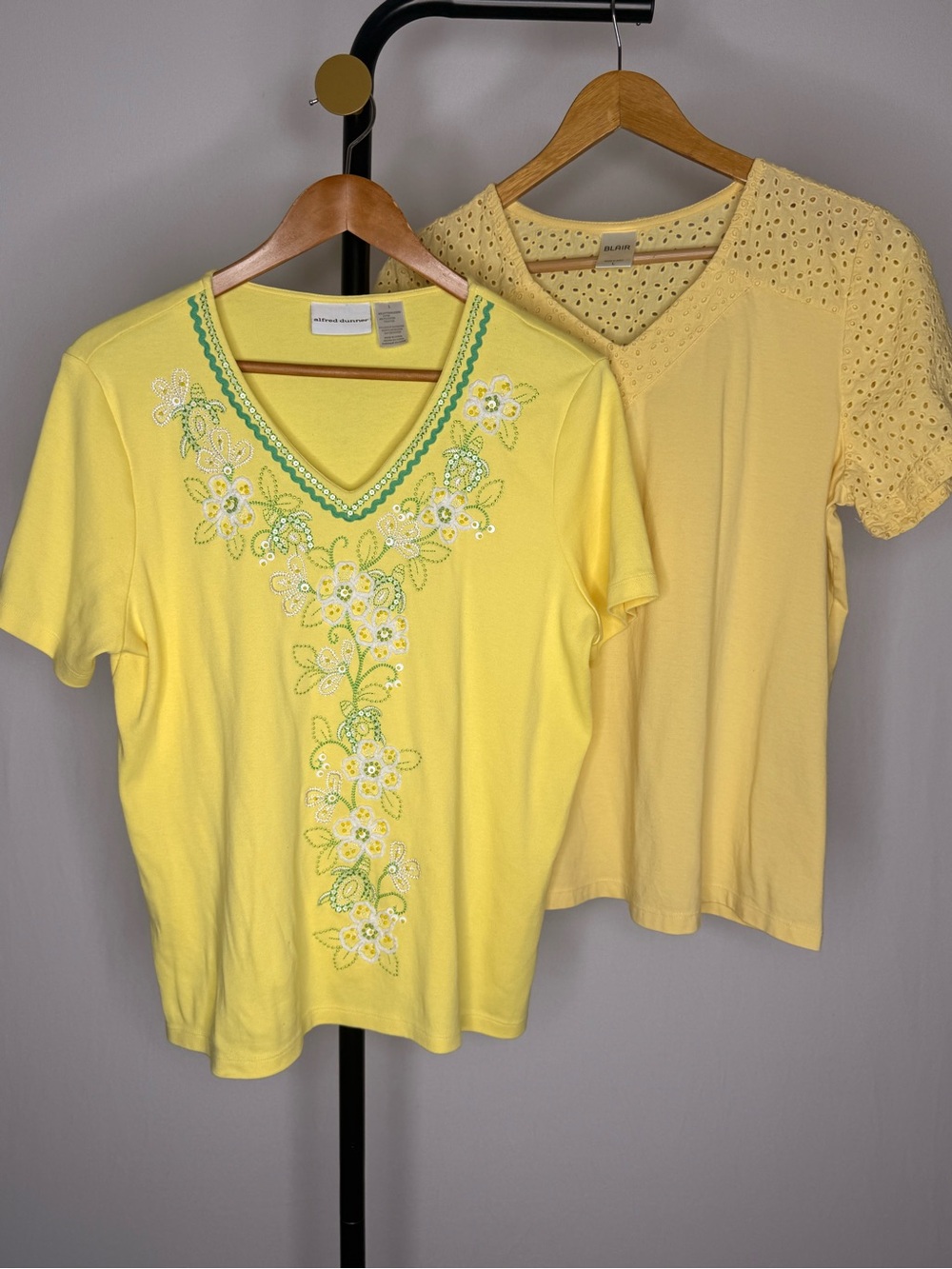 Yellow Floral Embroidered V-Neck Women’s Tops